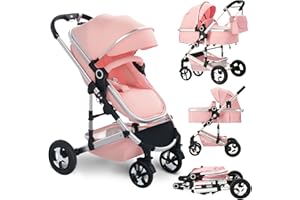 TODEFULL Convertible Baby Stroller, 3 in 1 Folding Infant Stroller, High Landscape Pushchair w/Adjustable Backrest & Canopy, Newborn Pram with Foot Cover, Storage Basket, Pink