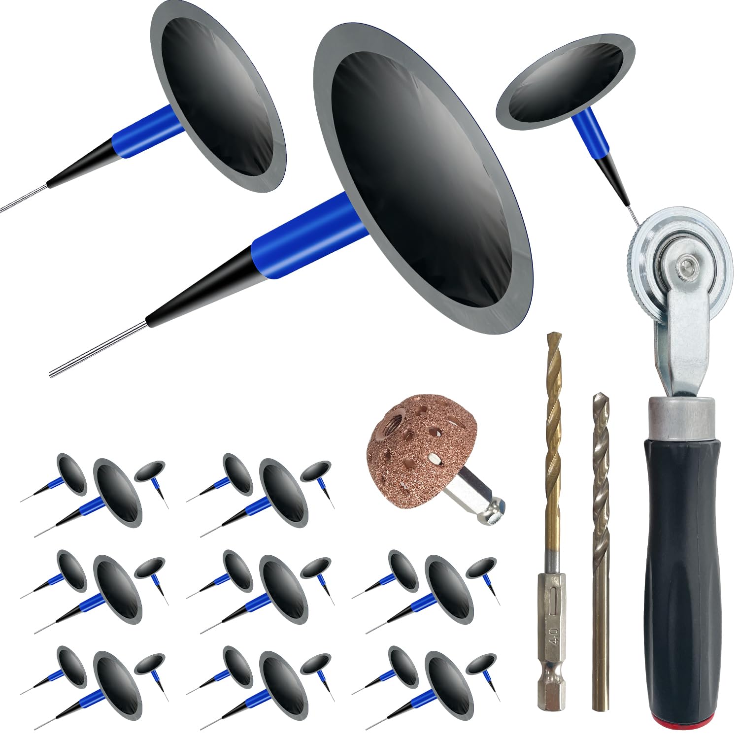 Photo 1 of Socpuro Tire Repair Patch Tool Kit Including 24pcs Tire Patch Plugs, Tungsten Buffing Wheel, Tire Patch Roller with 4mm Twist Drill Bits for Vehicle