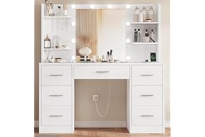 FIONESO Vanity Desk with LED Light Mirror & Power Outlet, 3 Adjustable Light Color, Makeup Vanity with 7 Drawers, 4 Shelves, 5 Jewel Hooks, White Vanity for Bedroom, Girls Vanity