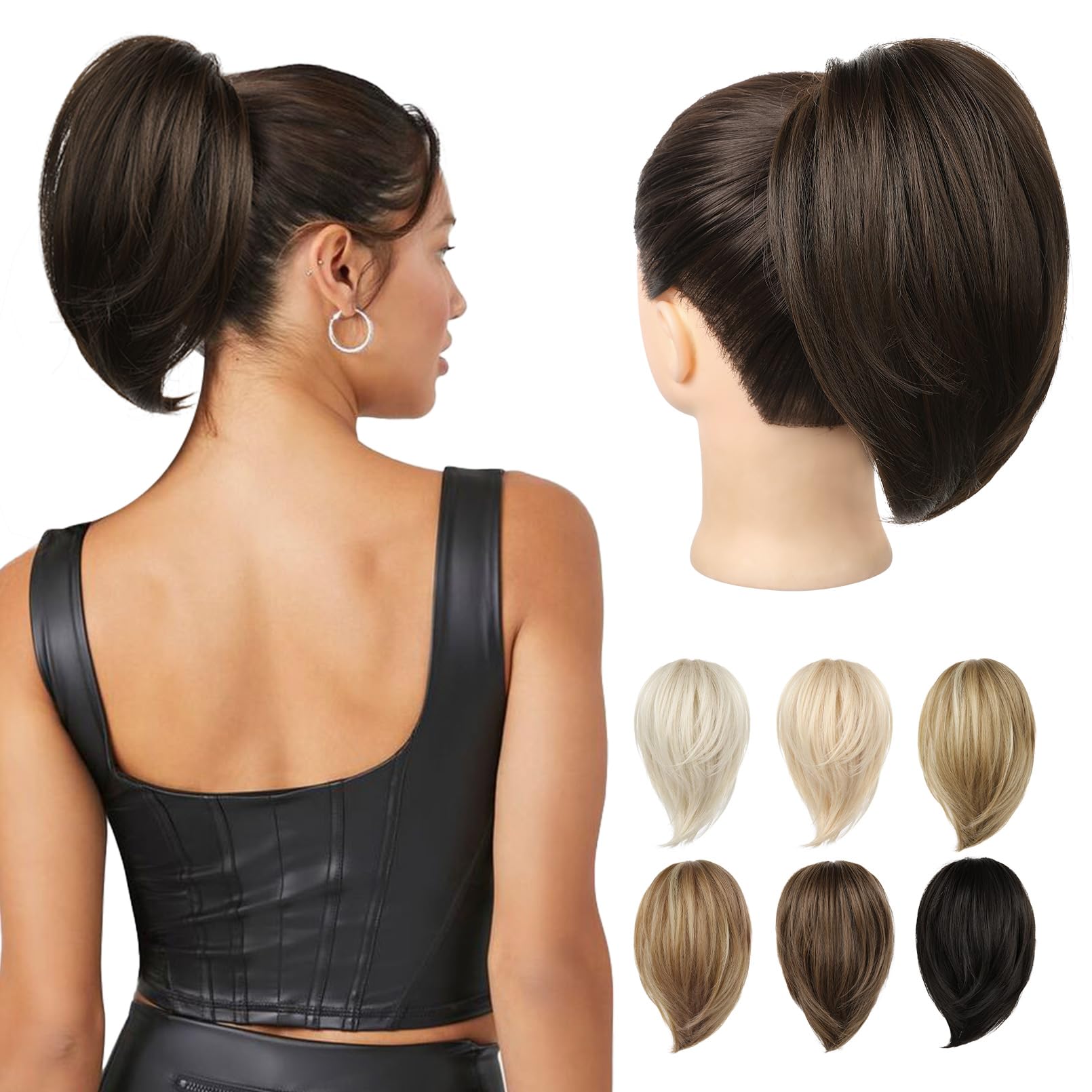 REECHO Ponytail Extension，Claw Clip Hair Bun Hair Piece Short Straight Ponytail Hair Extensions Messy Hair Bun Natural Synthetic Fake Ponytail Hair Pieces for Women- Chocolate Brown