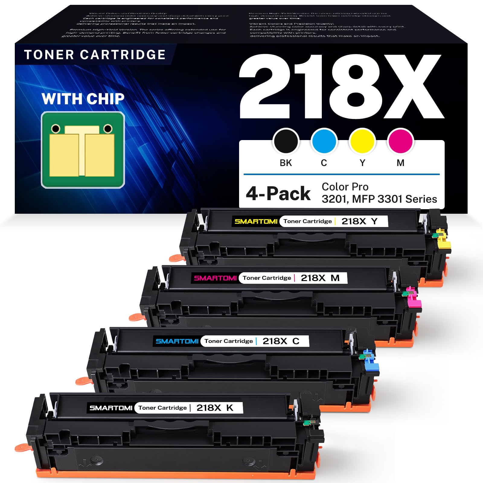 Photo 1 of 218X Toner Cartridges 4-Pack High Yield (with Chip) Compatible Replacement for HP Color Pro MFP 3301SDW 3301CDW 3301FDW 3201DW Printer 3301 3201 Series | W2180X W2181X W2182X W2183X