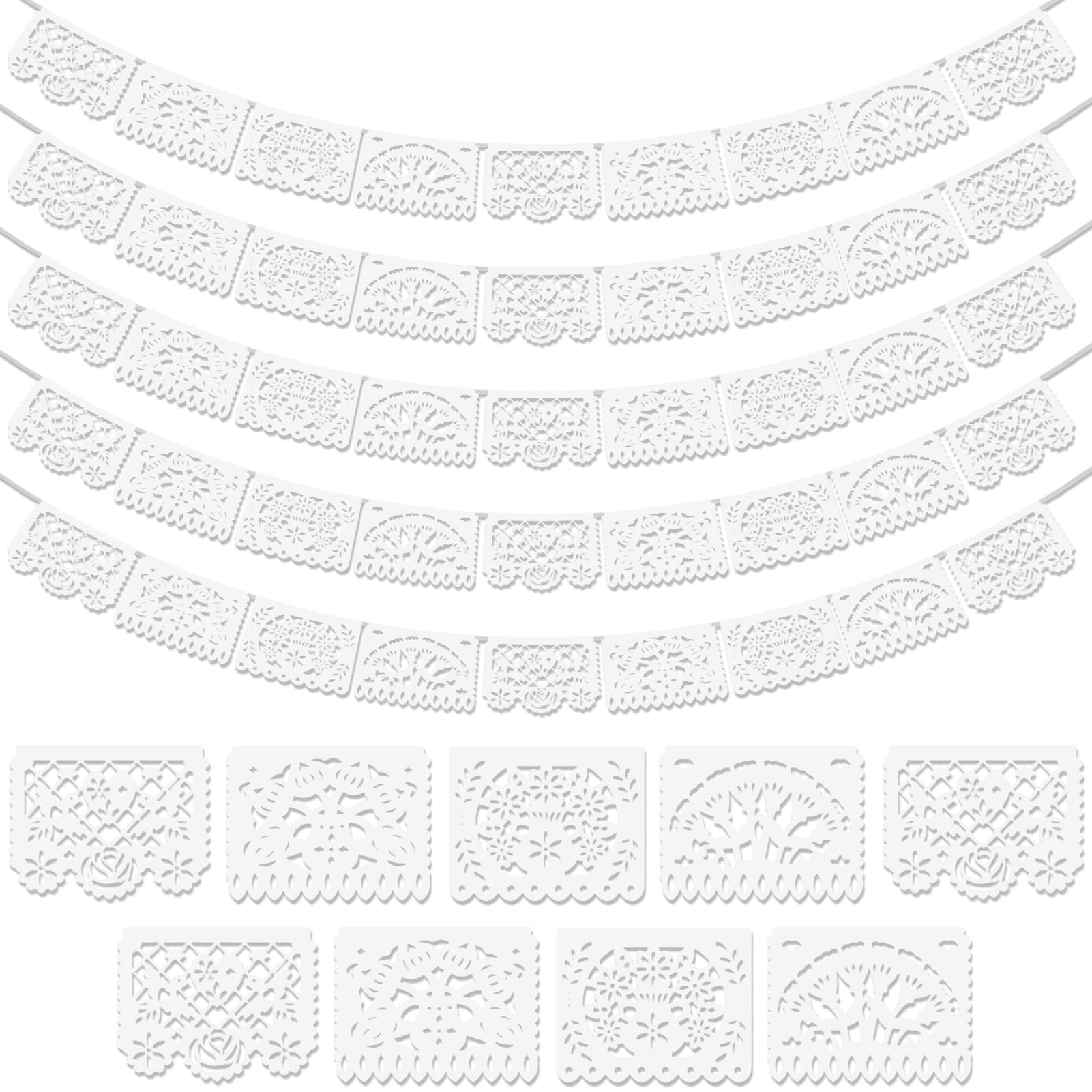 Photo 1 of Asoulin 5 Pack White Papel Picado Banner, Plastic Mexican Party Banner Wedding Fiesta Party Decoration, Dia De Los Muertos, Day of The Dead Decor Supplies, Cinco De Mayo Mexico Decor - 4 Patterns/90Ft