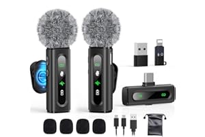 Wireless Lavalier Microphone for iPhone, Android Phones, Tablet, PC, 2-Pack USB-C Mini Microphone with Magnetic Clip & Noise 