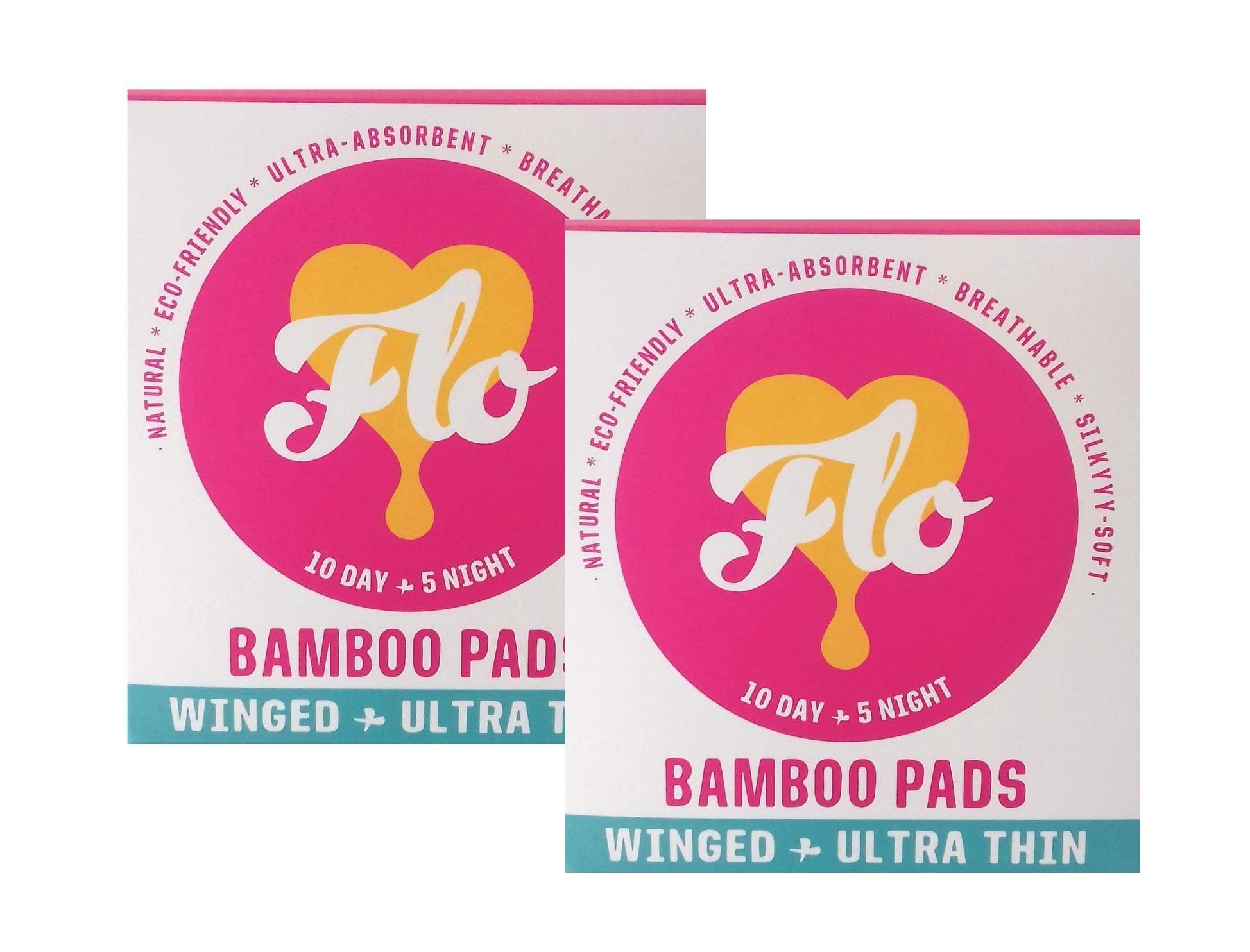 FLO Natural Bamboo Pads - Winged & Ultra Thin - 10 Day & 5 Night Pads (Pack of 2)