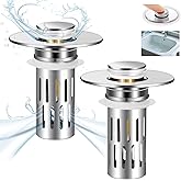 Nevellir 2 Pack Bathroom Sink Stopper for 1.06-1.50in, Universal Bathroom Sink Drain Pop Up Stopper for US Stainless Steel Floor Drain Filter, Universal Drain Filter with Hair Strainer(Silver)