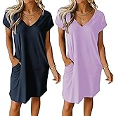 Ekouaer Womens 2 Pack Nightgown V Neck Sleepshirt Short Sleeve Nightshirt Plain/Floral Pajama Dress with Pockets