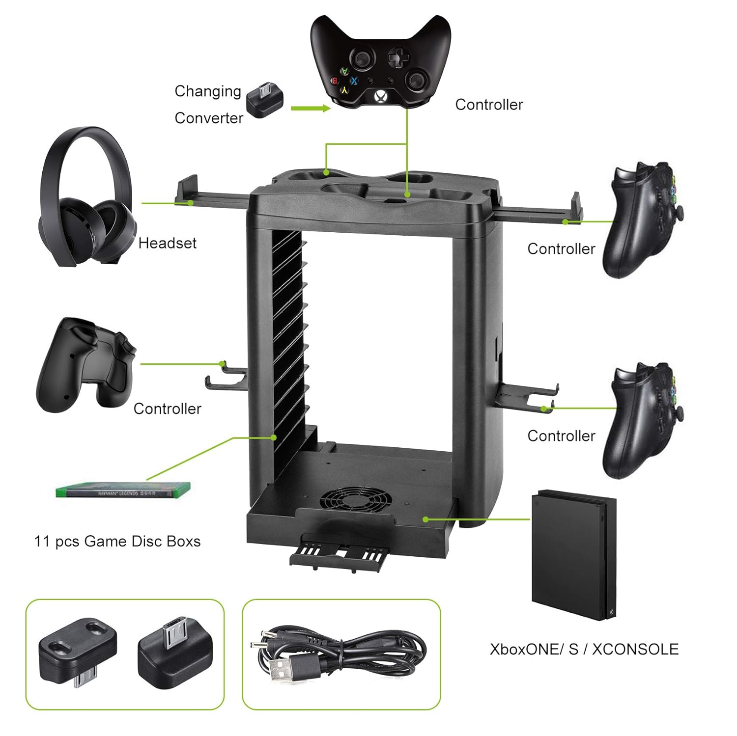 Linkstyle Vertical Storage Stand with Cooling Fan Compatible with Xbox ONE/Slim/X Console, 3Controller, 11games, 1Headset: Video Games
