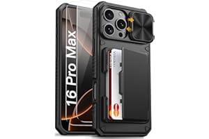 Vihibii for iPhone 16 Pro Max Case with [2X Screen Protector], Built-in Card Holder (4 Cards), [RFID Blocking] & Slide Camera Cover & Tempered Glass Films, Rugged Wallet Case for 16 Pro Max, Black