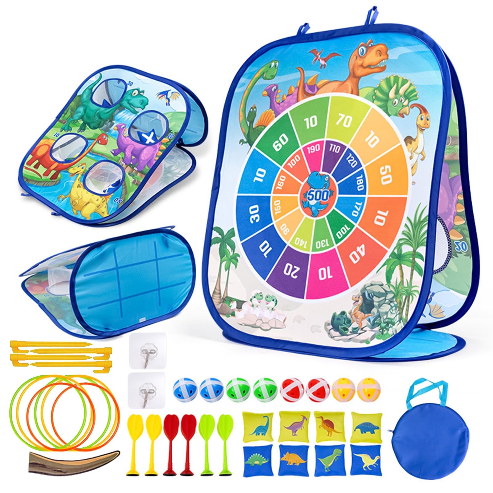 5-in-1 Portable Bean Bag Toss Games - Dinosaur Toys for Boys And Girls, Kids Dart Board Set，Outdoor Carnival Games, Foldable Cornhole Board Game Yard Beach Toys for Toddler Ages 3-8