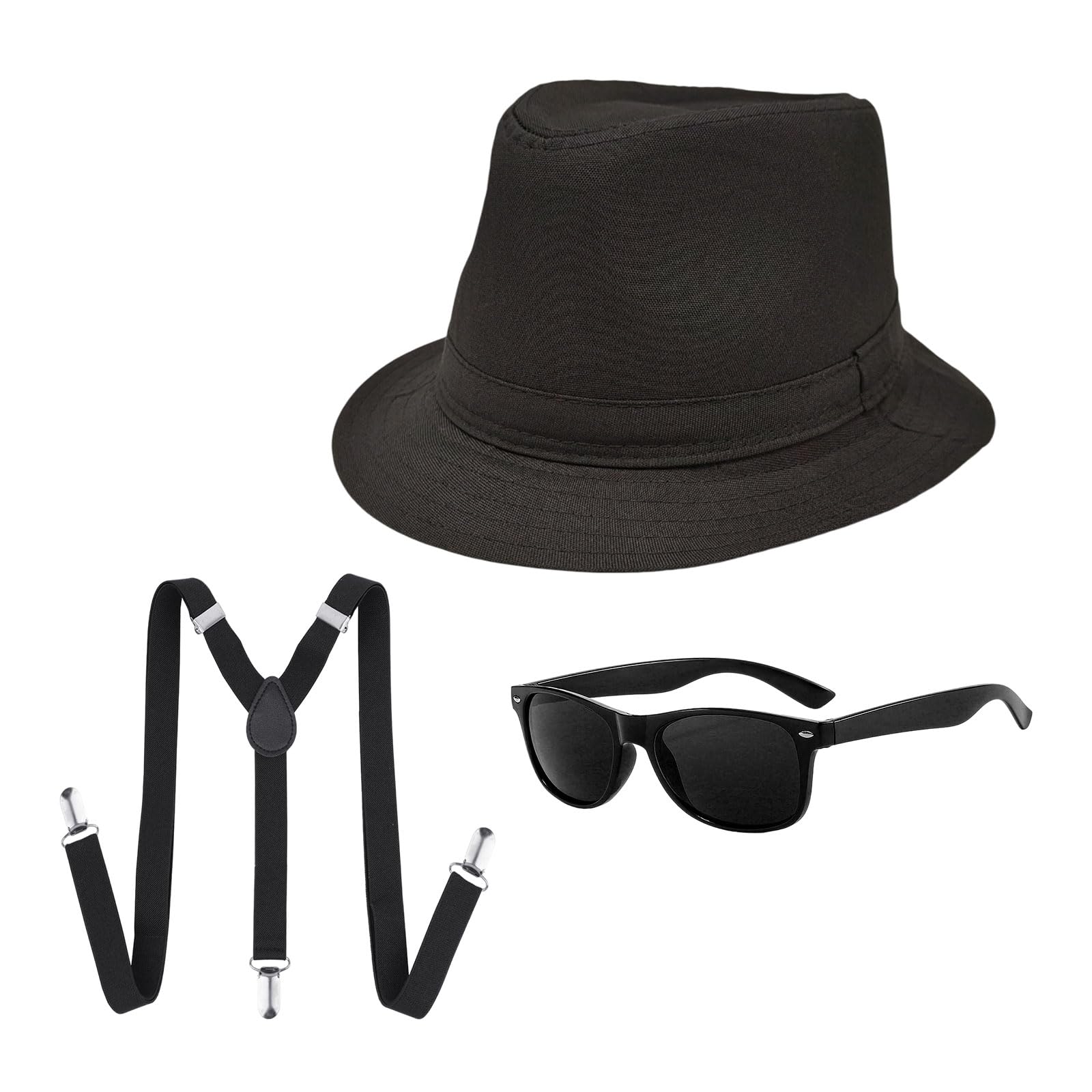UILYNIU 3 Pieces Adults 1920S Gangster Costume Set, Men Costume Accessories 58CM Black Fedora Gangster Hat Braces Sunglasses, Mafia Gatsby Costume for 1920's Dress Up Film Party Fancy Dress (Black)
