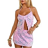 Floerns Women's 2 Piece Outfit Sequin Beaded Split Tie Back Halter Tops and Mini Skirt Set