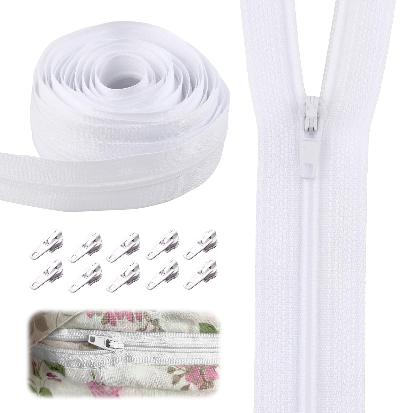 Continuous Zipping White Chain 5.3m Zipper Size 3# Nylon Cushions Upholstery Zips for Sewing Heavy Duty Trimmable on Roll NO.3 Pullers for DIY Sewing Tailor Craft Bag (5m / 10 Zipper Sliders)