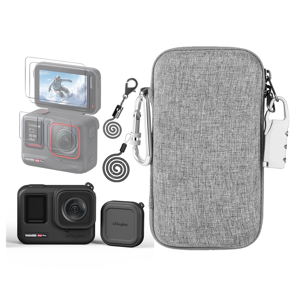 LEWOTE Accessories Kit Compatible with Insta360 Ace Pro[Silicone Camera Case and Lens Cap][2Pack Screen Protector Film][Carrying Case Bag with Locking Carabiner and Anti-Loss Lock] (Black)
