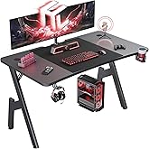 HLDIRECT 47 Inch A-Shaped Gaming Desk with Carbon Fiber Surface, Black | Ergonomic curved design, 200 lb capacity, cable management, cup holder, headphone hook &amp; mouse pad, for home office &amp; gaming