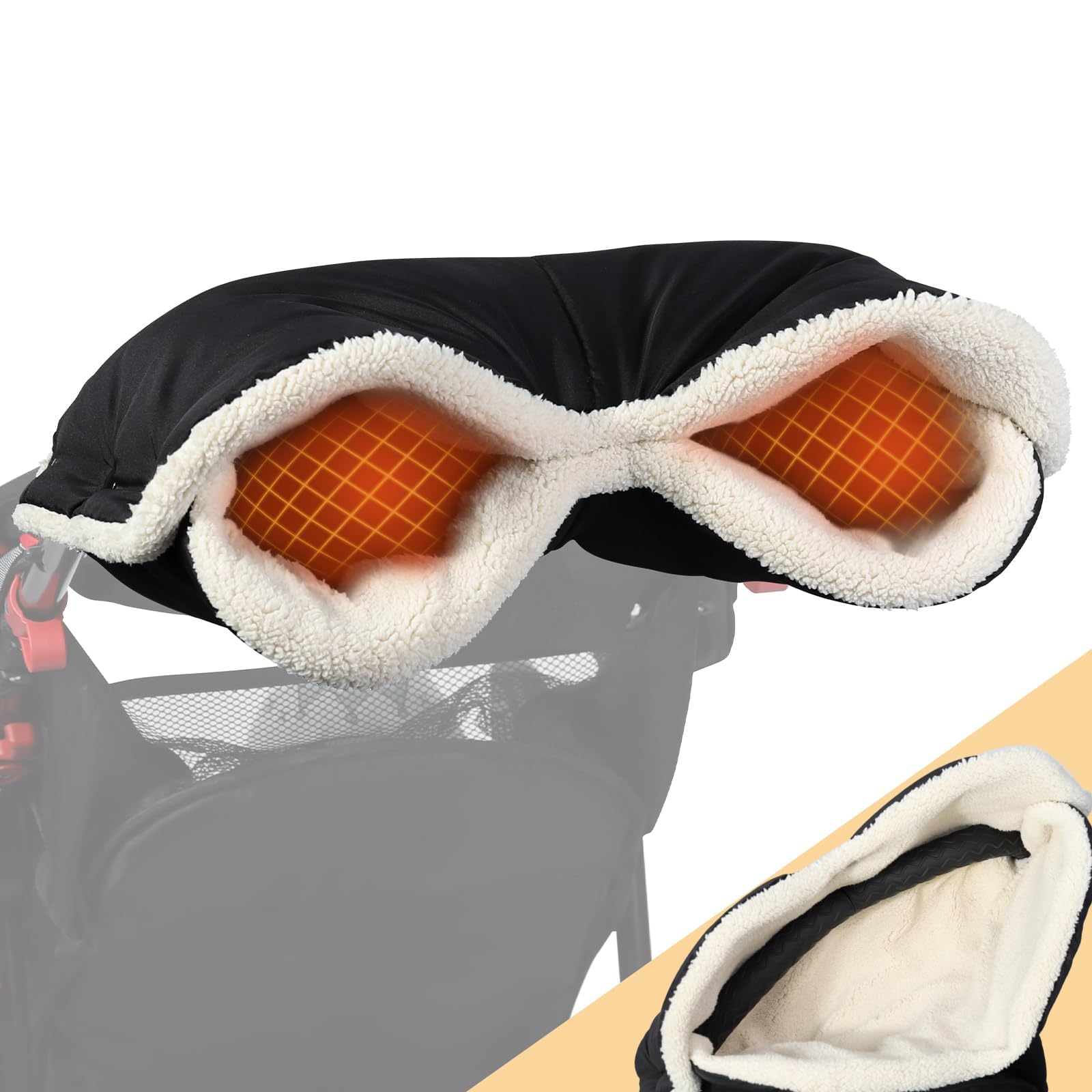 Orzbow Pram Gloves, Weatherproof Pram Hand Muff, Oeko-TEX Standard 100, Stable Pushchair Hand Muff with Berber Fleece and Tight Fit, Machine Washable, Black