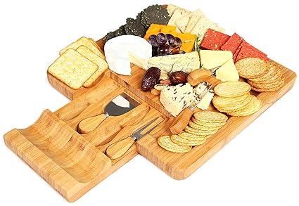 Kenley Bamboo Cheese Board And Knife Set With 4 Knives Slicer