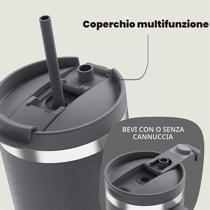 Bottiglia termica 1200 ml con manico e cannuccia, Borraccia isolata in acciaio inossidabile con coperchio, Raffredda per 29 ore, Tazza termica, Senza BPA, Darkstone