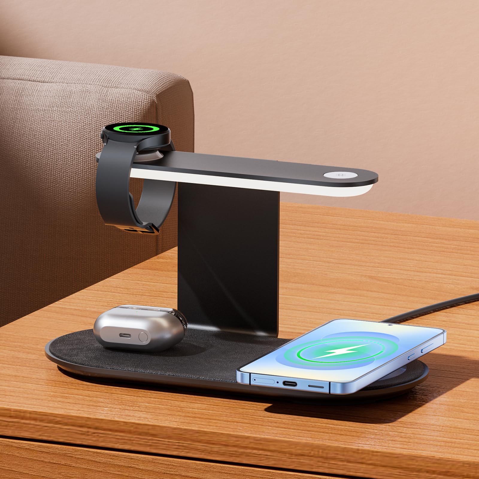 Photo 1 of Metal Wireless Charging Station for Samsung/Android Charger,4 in 1 Nightstand Watch Charger Fast Charging Stand with Night Light for Samsung S25/S24/S23 Ultra/Buds3,Only for Galaxy Watch 8/7/6/5,Black