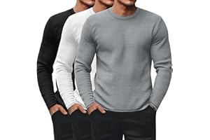 Ficerd 3 Pack Men's Waffle Long Sleeve Shirts, Crew Neck Thermal Underwear Tops Casual Pullover Sweaters Knit Undershirts