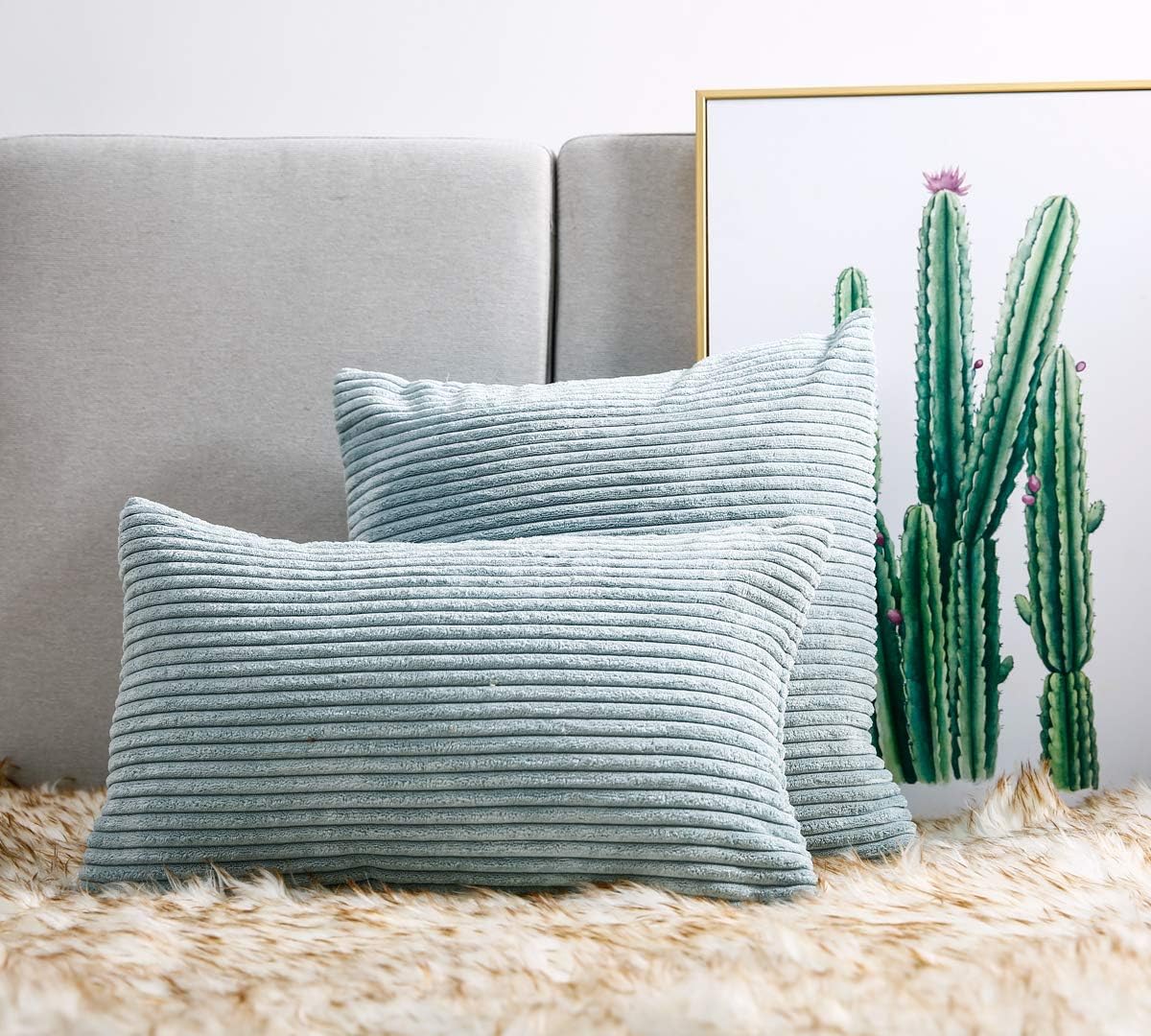 PANDATEX Luxury Chenille Light Blue Throw Pillow Covers Pack of 2 for Sofa Couch Chair, 12"x20" Rectangle Corduroy Stripe Home Decorative Pillowcase Velvet Cushion Covers for Bedroom Living Room Car
