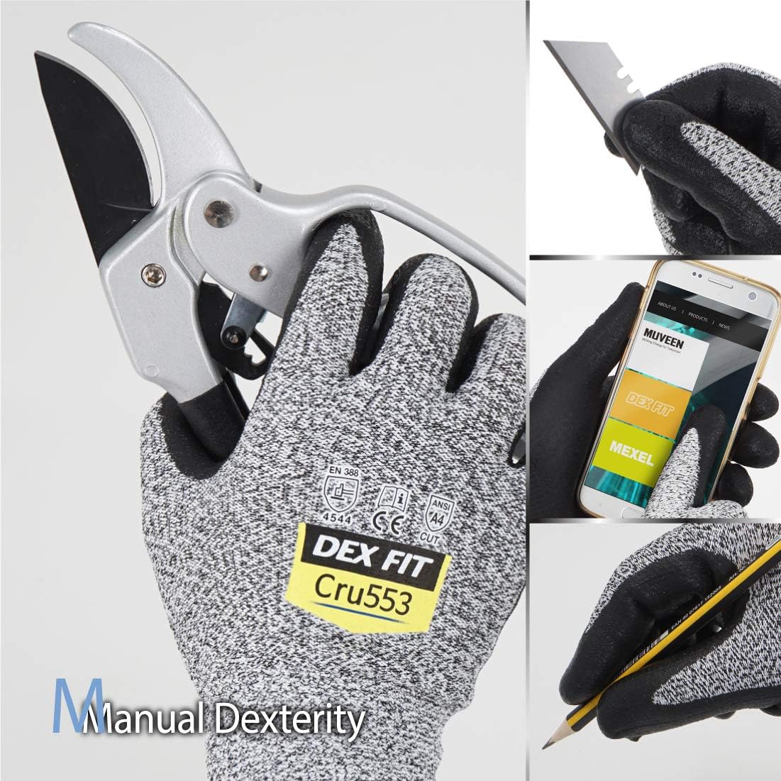 DEX FIT Level 5 Cut Resistant Gloves Cru553, 3D Comfort Stretch Fit, Power Grip Foam Nitrile, Smart Touch, Durable Thin & Lightweight, Machine Washable, Grey Large 1 Pair - - 