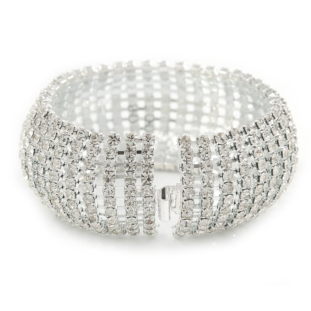 Avalaya Statement 12 Row Clear Crystal Domed Bracelet with Tongue Clasp/Silver Tone/ 20cm L