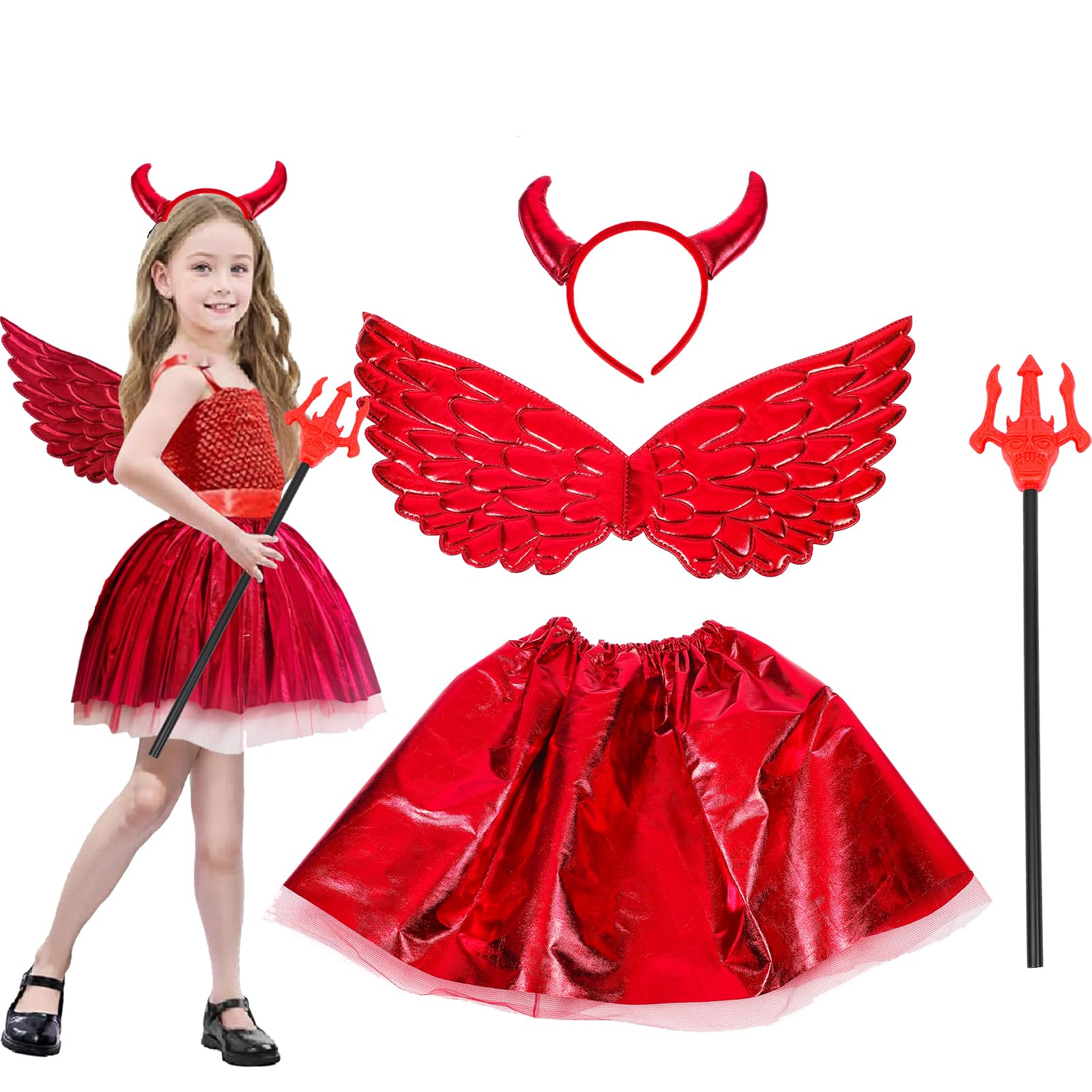 HEALLILY 4pcs 1 Set Halloween Devil and Angel Halloween Costume for Girls Includes Skirt Wings Headband and Pitchfork, L (1028C1652607H9Z)