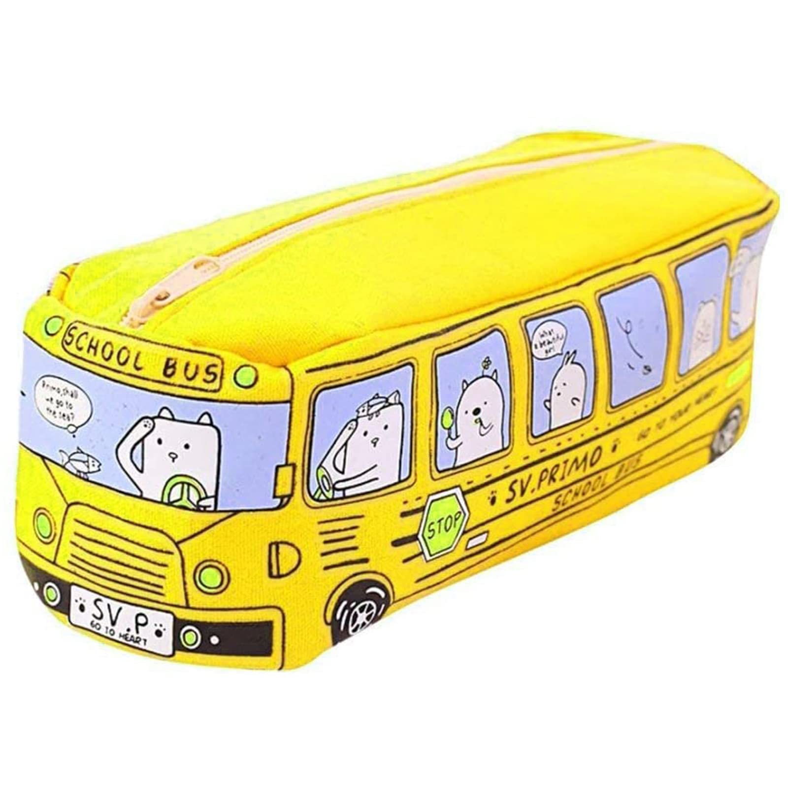 Oneroomone Bus Pencil Case, Creative Lovely Bus, Student Small Animal Bus Canvas for Office Writing Case, Make Up Pen and Brush Bag, Yellow, Bus Pencil Bag, Bus pencil bag
