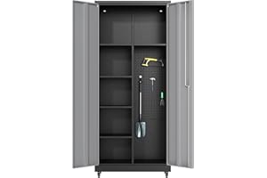 Coolsun Garage Cabinet with 4 Wheels, 71" H Tool Storage Cabinets, Garage Storage Cabinets with Adjustable Shelves, Broom Closet Cabinets for Utility Room,Workshop