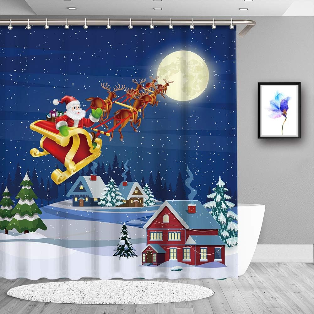 True Holiday Santaclaus Deer Shower Curtain with House, Blue Fabric Bath Curtain Snow and Moon Decorative Bathroom Curtain with 12 Curtain Hooks, 72 x 72 Inches