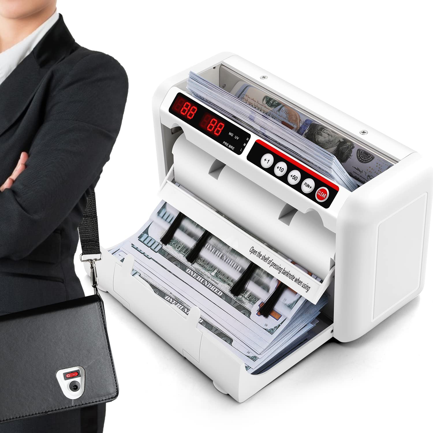 Photo 1 of Frifreego Battery Operated Bill Counter Machine, Portable Rechargeable Money Counter with UV MG Detection, 800pcs/min Counting Speed, Take Anywhere with A Backpack for Multi-Currency Or Tickets