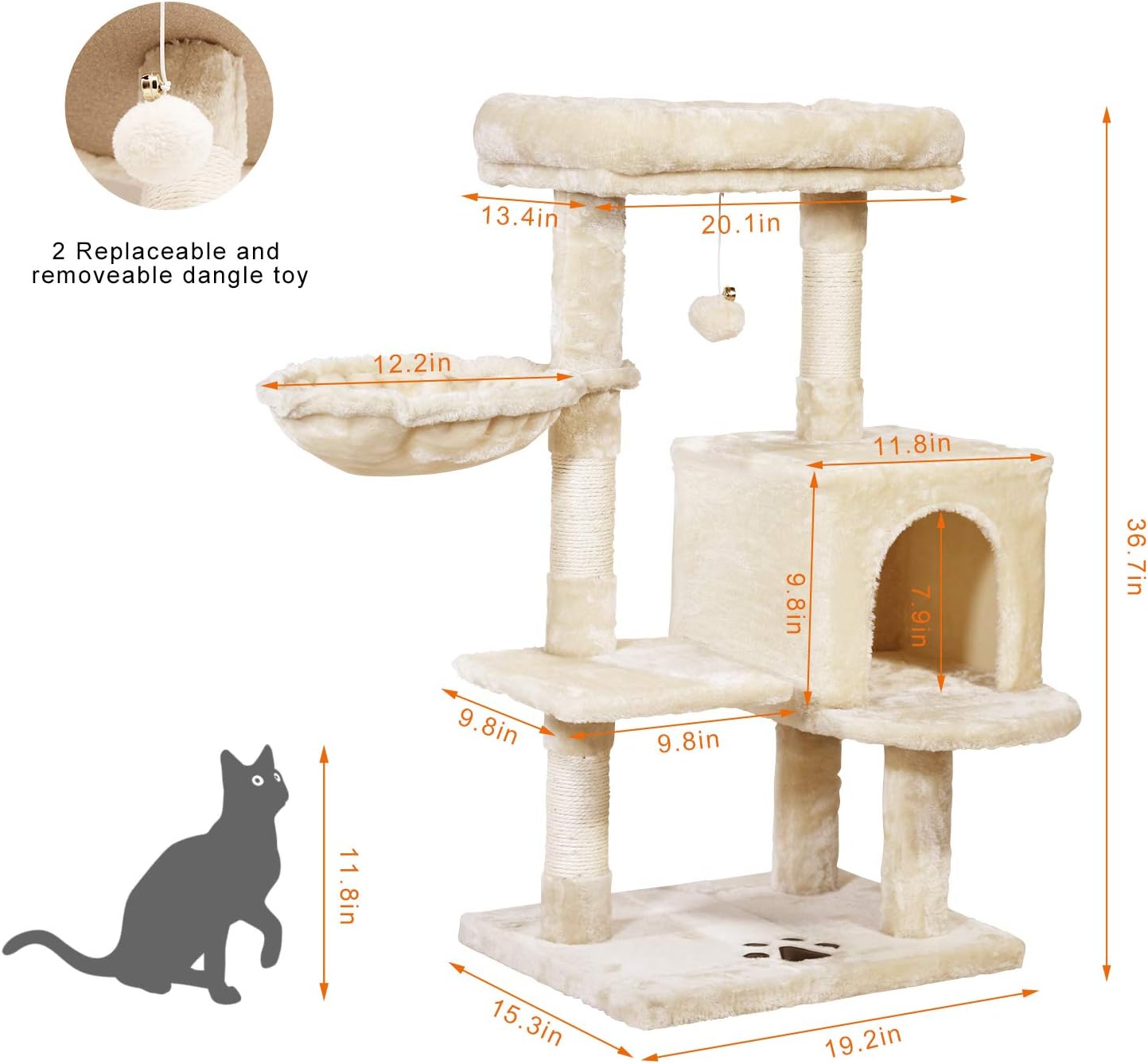 MQ Multi-Level Cat Tree Condo, Activity Center Cat Tower Furniture 36'' with Sisal-Covered Scratching Posts, Padded Plush Perch, Spacious Cat Cave & Basket for Small Kittens Adult Cats (Beige) : Pet Supplies