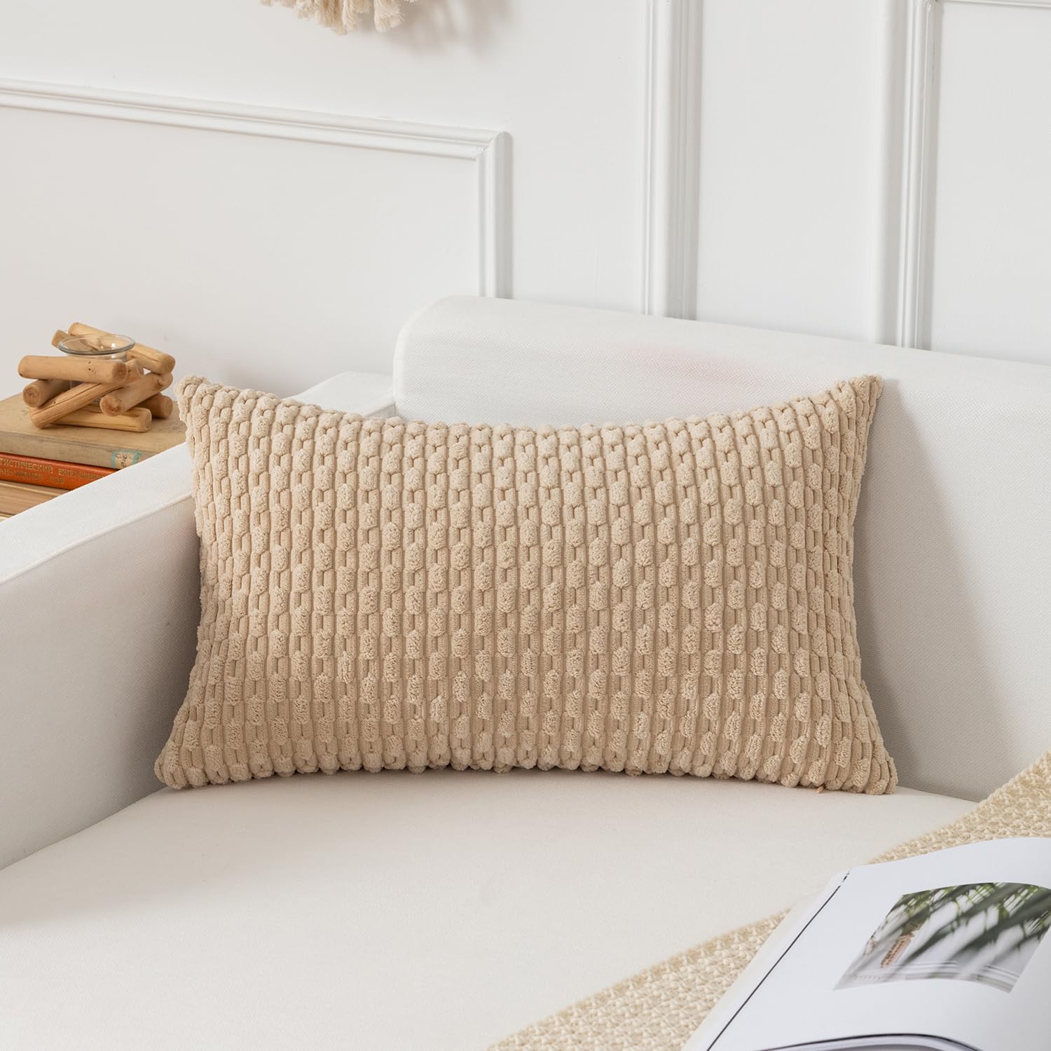 Photo 1 of Kevin Textile 14x24 Inch Pillow Cover 1 Pack Boho Decorative Soft Striped Corduroy Lumbar Farmhouse Solid Color Accent Rectangle Cushion Case for Living Room Couch Sofa Bed, Beige