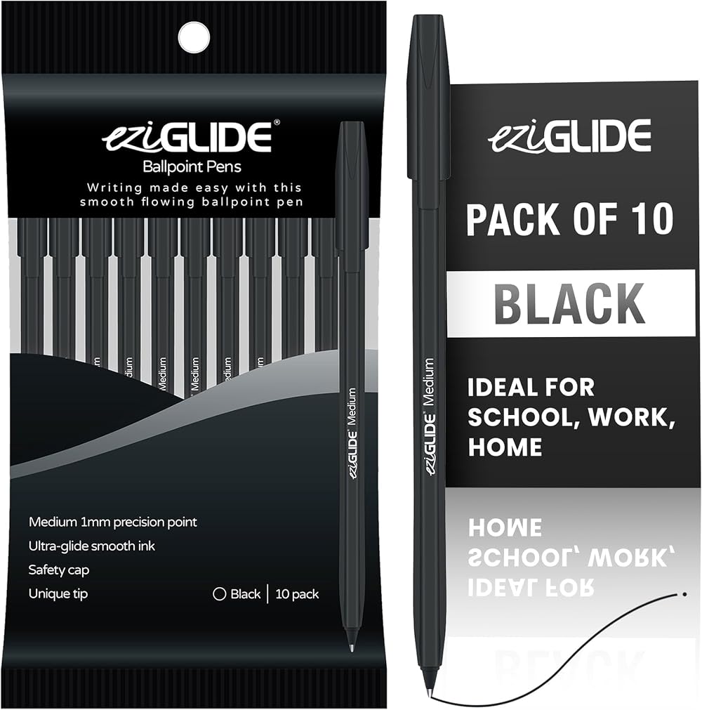 Eziglide 10-Pack Ballpoint Pens Black Medium Point 1.0mm – Safe School Use