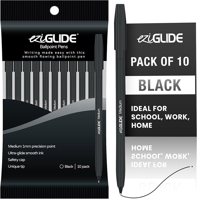 Eziglide 10-Pack Ballpoint Pens Black Medium Point 1.0mm – Safe School Use