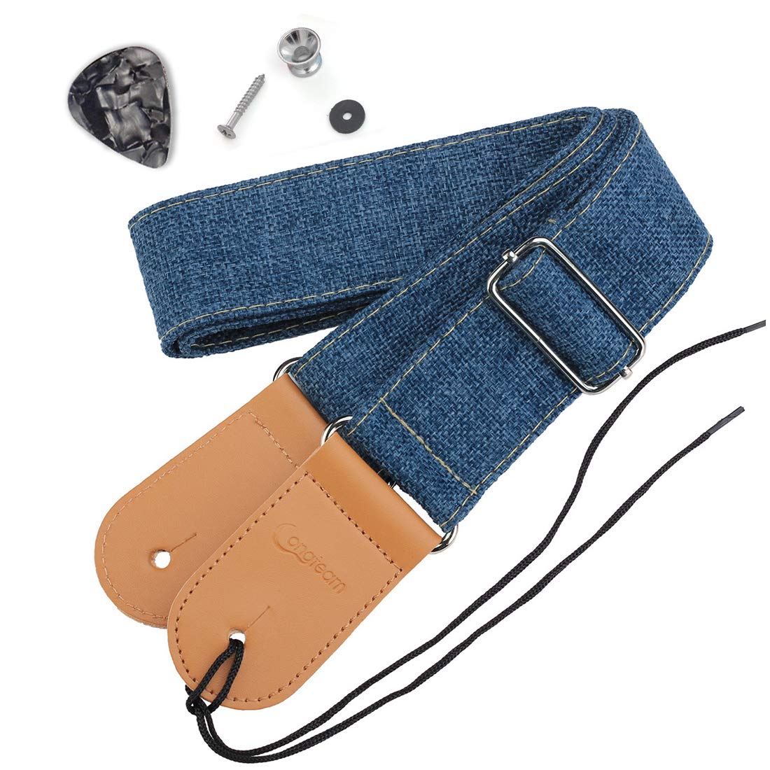 Longteam Simple Linen Leather Guitar Strap Adjustable Length Durable Electric Guitar Bass Straps with Nail, Rope, Picks (Cyan)