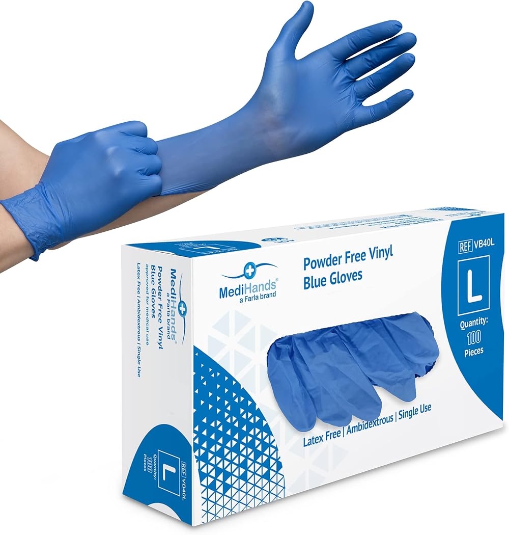 Farla MediHands Blue Large Vinyl Gloves Box of 100 Powder Free Latex Free