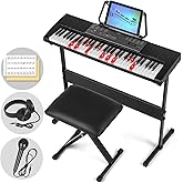 MUSTAR 61 Key Piano Keyboard, Electric Piano Keyboard with Lighted Up Keys, Learning Keyboards Piano for Beginners, Piano Stand, LCD Screen, Headphones, Microphone (Black with Stool)