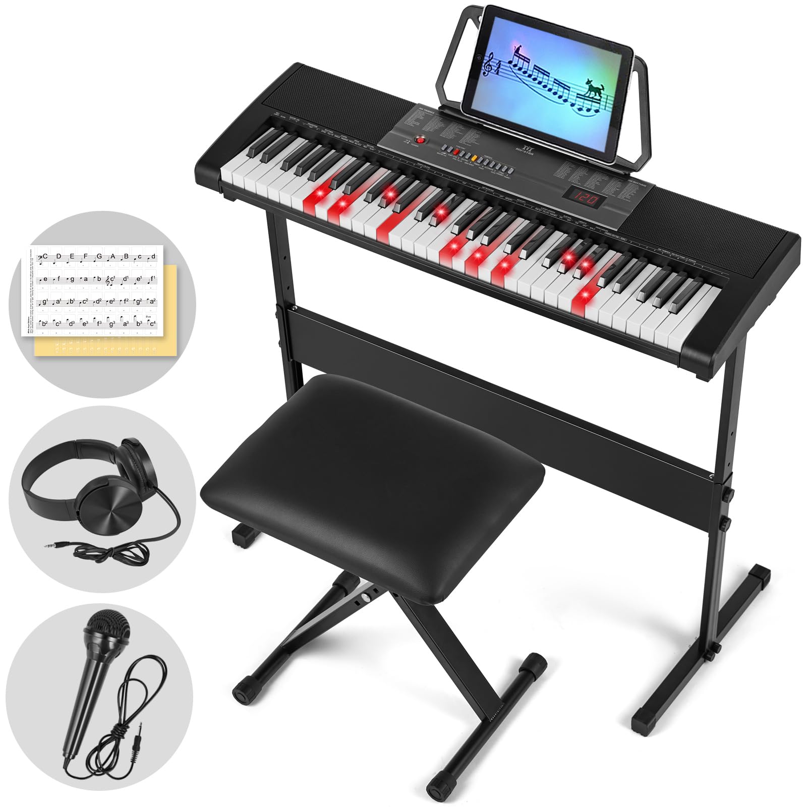 MUSTAR Teclado de piano con teclas iluminadas, teclado de aprendizaje Piano 61 teclas para principiantes, teclado de piano eléctrico MEKS-700 con banco, soporte, auriculares, micrófono, pegatinas de notas, altavoces incorporados
