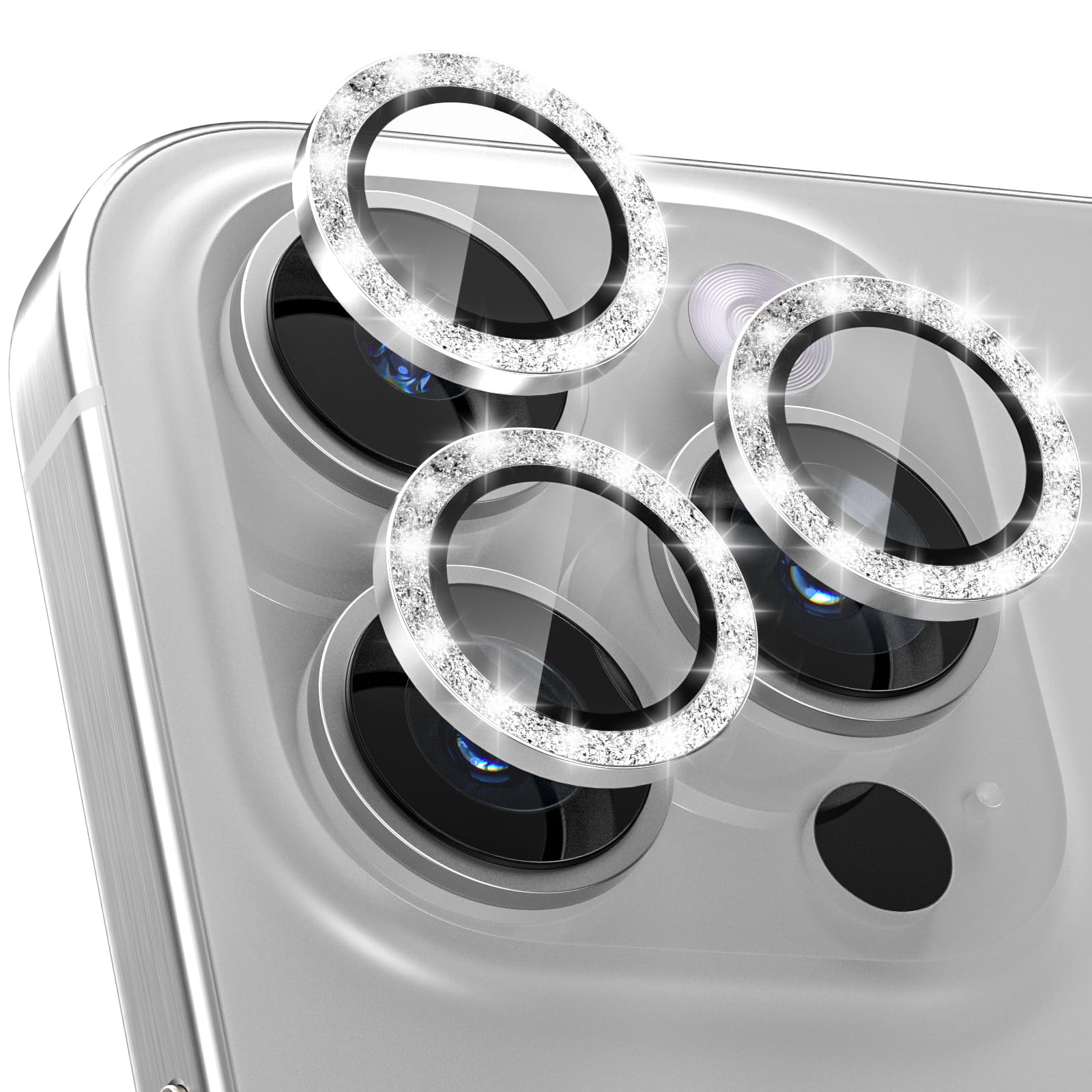 CloudValley [3 for iPhone 15 Pro / 15 Pro Max Camera Lens Protector, Ultra-HD Tempered Glass Camera Cover [Case-Friendly] Metal Individual Lens Screen Protective Ring,Glitter White Titanium