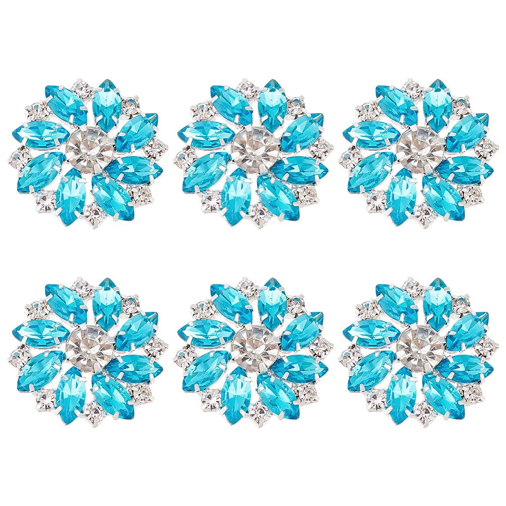 FINGERINSPIRE 6PCS Flower Brass Rhinestone Shank Buttons 26MM Cyan Crystal Sew On Buttons with 1-Hole and Flat Back, Fashion Claw Rhinestone Snowflake Buttons for Cloth DIY Crafts, Wedding Decor