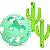 SHARE&CARE BPA Free Baby Teething Toys Set, 1pc Natural Organic Dinosaurs Teether Ball and 2pcs Silicone Cactus Toothbrush Te