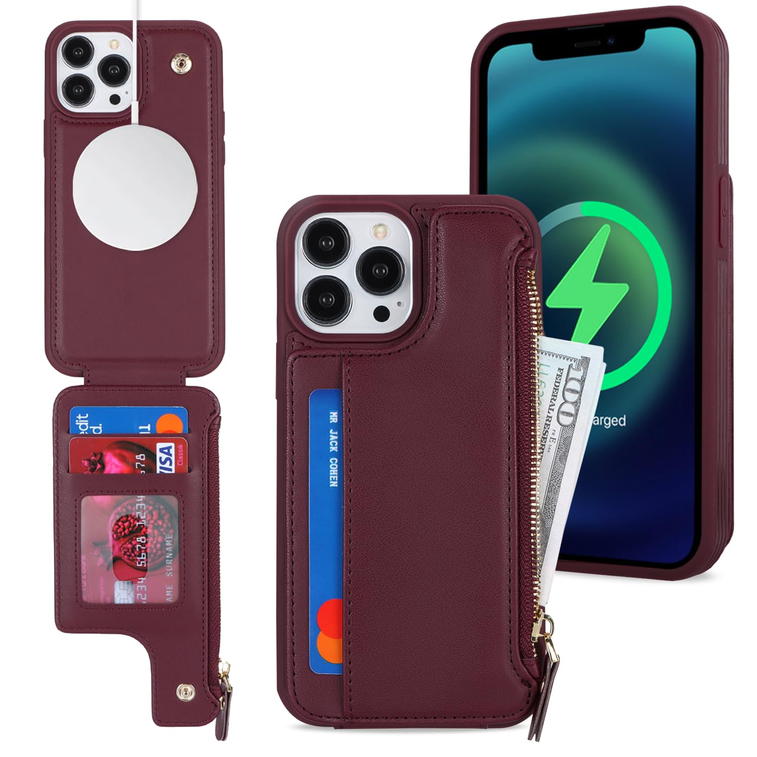 SailorTech iPhone 14 Pro Max Case with Credit Card Holder magsafe, iPhone 14 Pro Max Phone Leather Case Wallet for Women Compatible mag safe Card Slots Zipper Shockproof Case for Men - Burgundy — image 1