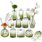 Green Bud Vases Set of 12, Green Glass Vase for Decor, Small Vases for Flowers Ribbed Flower Vase Stripe Bud Vases in Bulk Wedding Birthday Bridal Shower Centerpieces Home Table Decoration