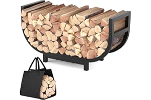 HXJLJY 30-inch Firewood Rack Outdoor Indoor with Log Carrier Bag, Stable Log Holder Rustproof Metal Wood Rack for Fireplace Patio Deck Firepit, Heavy Duty Firewood Storage Organizer Tool, Black