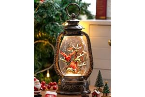 12" Christmas Snow Globe Lantern, Red Bird Music Box, Spinning Snowflake Glitter Water Lamp, USB and Battery Powered Christma