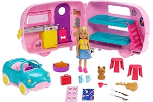 Barbie Club Chelsea Toy Car & Camper Playset, Blonde Chelsea Small Doll, Puppy & 10+ Accessories, Unhitch & Open for Campsite