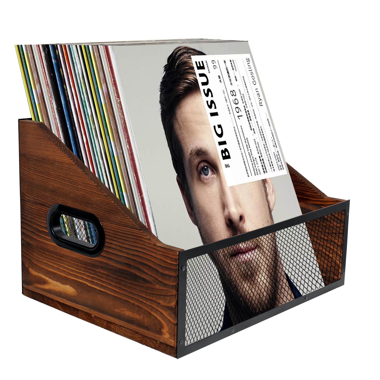 Photo 1 of Vinyl Record Storage, Rustic Record Holder,Record Crates for Vinyl, Pine Wood & Metal Record Box for Display, 60-Record Capacity LP Album Organizer