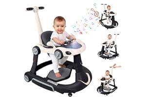 LERRUTUE Baby Walker, 4-in-1 Baby Walker with Wheels Portable, Foldable Infant Toddler Walker for Boys Girls 6-18 Month,Removable Footrest,Car Steering Wheel & Music, Adjustable Push Walker Black