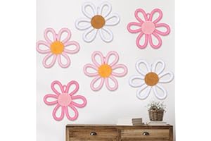 Zeyune 6 Pcs Boho Nursery Daisy Flower Wall Art Decor Woven Macrame Wall Hanging Boho Daisy Floral Nursery Art Decor for Home Bedroom Decorations(Cute,Yarn and Cotton Rope)